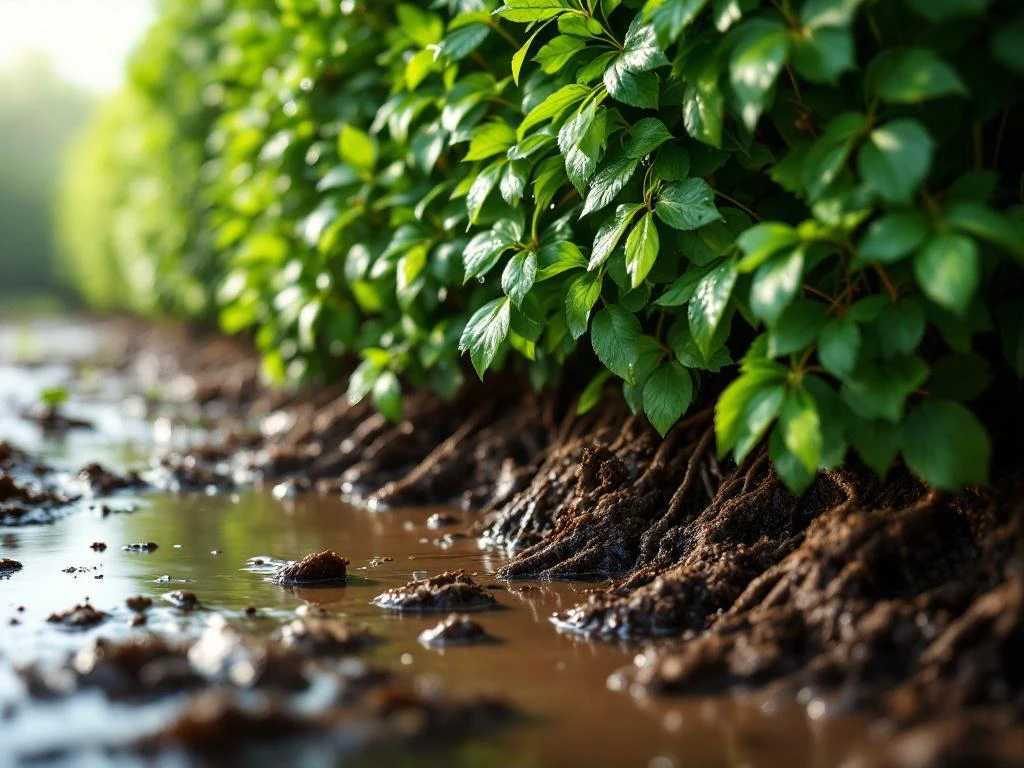 Haagbeukhaag met dichte groene bladeren in drassige, modderige grond met waterplassen en dauwdruppels