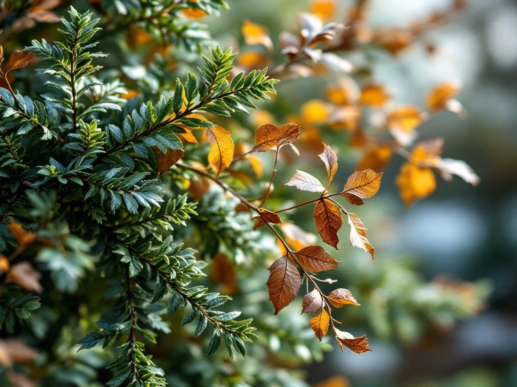 Haagbeuk takken in winter met groene bladeren en bruine gedroogde bladeren tegen onscherpe tuinachtergrond